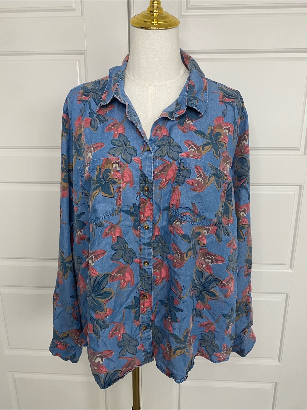 Caffé Marrakesh Floral Tencel Lyocell Button Down Shirt Blue XL